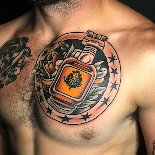 Tattoos and drinks with a sailor holding a rum bottle on chest