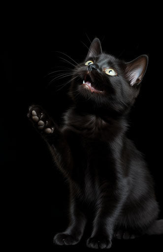 Black kitten waving its tail on white background