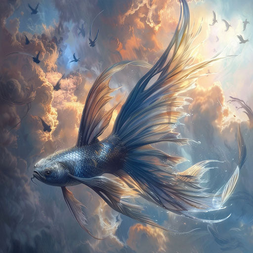 The mythical fish with wings, gliding in water and skies