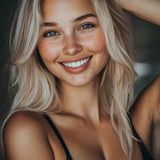 Gorgeous blonde Instagram model, smiling and feminine physique