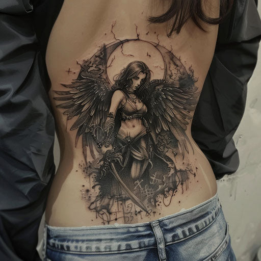 Lower back tattoo of a dark angel