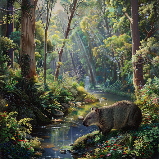 Wombat grazing near a crystal-clear stream in a vibrant forest