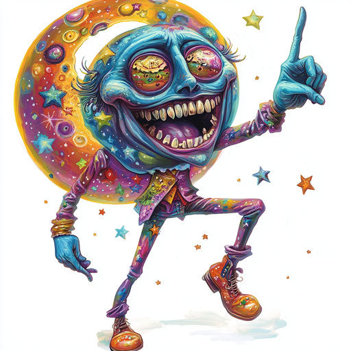 Humorous caricature of moon and stars with human characteristics