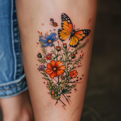 Wildflower tattoo with butterfly, colorful petals