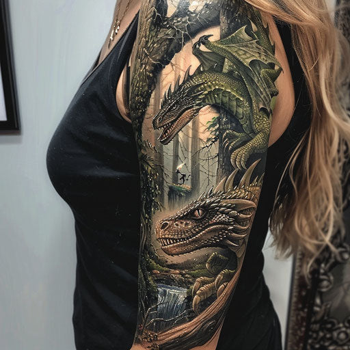 Fantasy-themed sleeve tattoos with dragons and enchanted forests