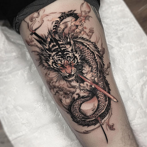 Japanese tiger tattoo with dragon and tiger in combat