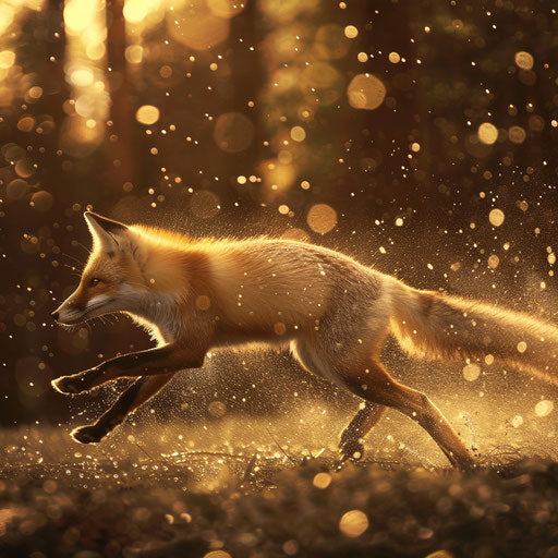 White tail fox dashing through a forest clearing after a rainstorm, water droplets sparkling on its fur.