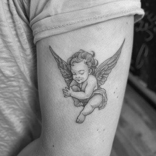 Vintage cherub tattoo with dotwork on white background