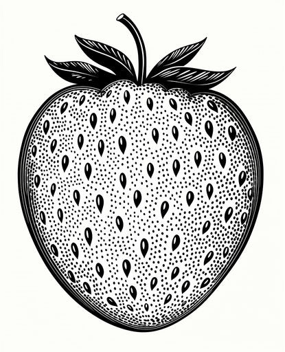 Drawing of a strawberry, graphic black outlines, grey white