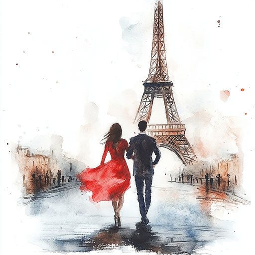 Eiffel Tower: couple in love with red dress
