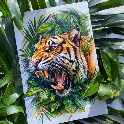 Fierce tiger roaring through jungle on white sketch pad