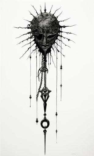 Ancient demented drawing of black figure, chain and key