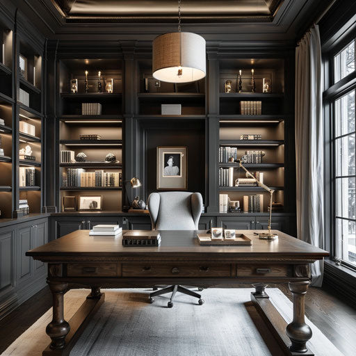 Stylish home office with large desk and bookshelves