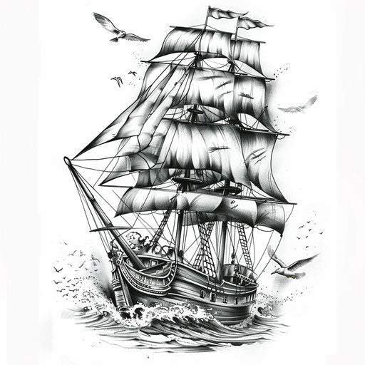 Navy tattoo of ship at sea, black/grey shading on white