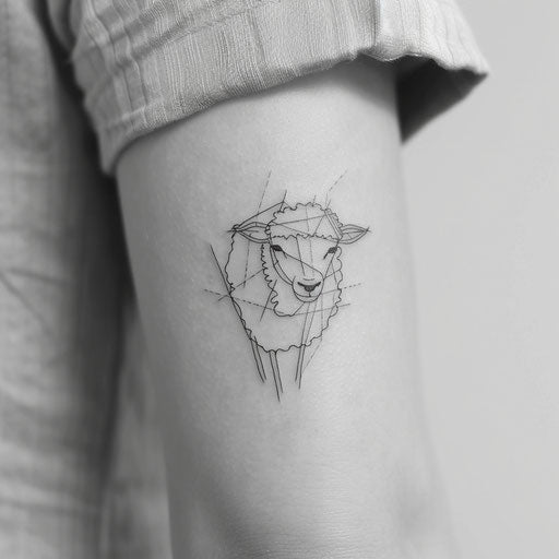 Minimalist black sheep tattoo concept, abstract lines on pure white.