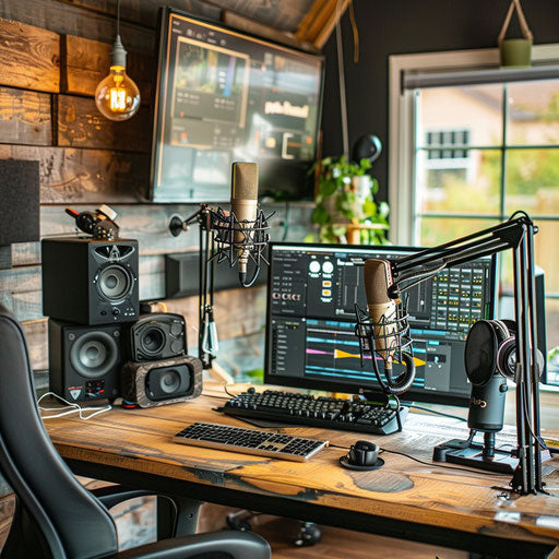 Home office with dedicated podcast station and equipment