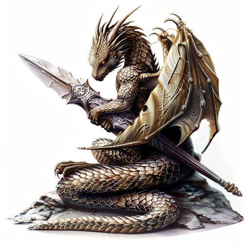 Majestic gothic dragon coiled around a sword