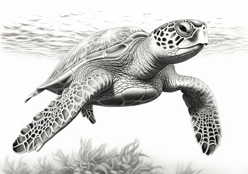 Green sea turtle, pencil drawing, ultrafine detail