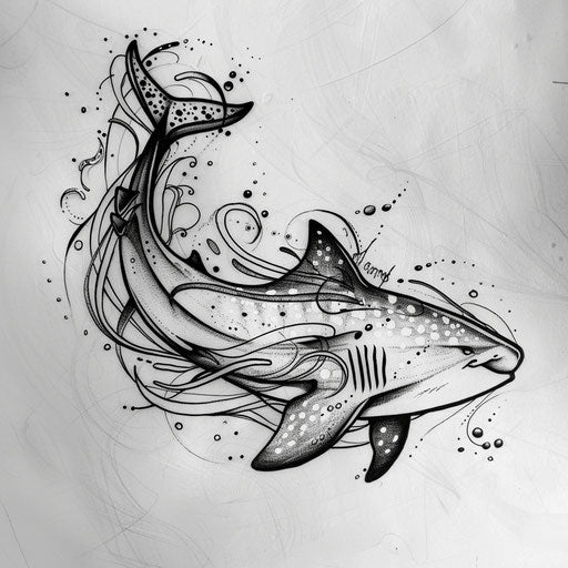 Flat tattoo sketch of a whale shark with dynamic swirling lines and elegant curves
