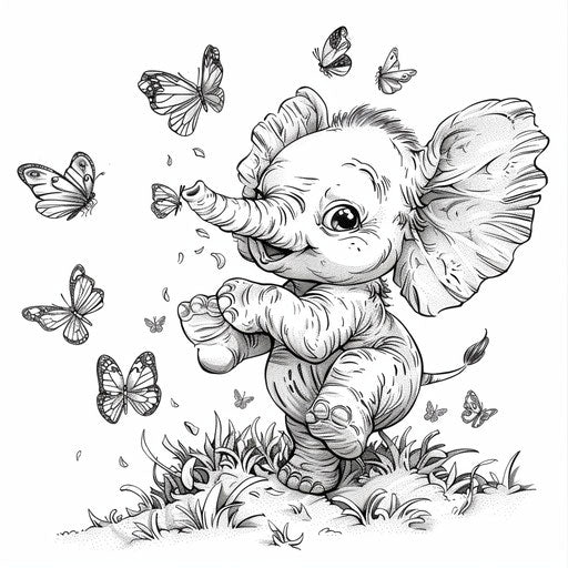 Baby elephant playing with butterflies - Coloring book page