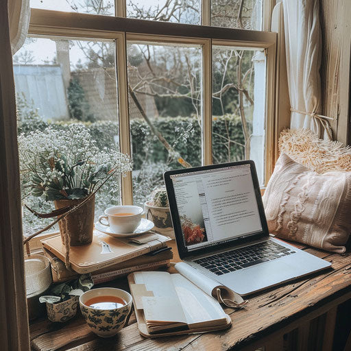 Serene workspace with laptop, notebook, and tea