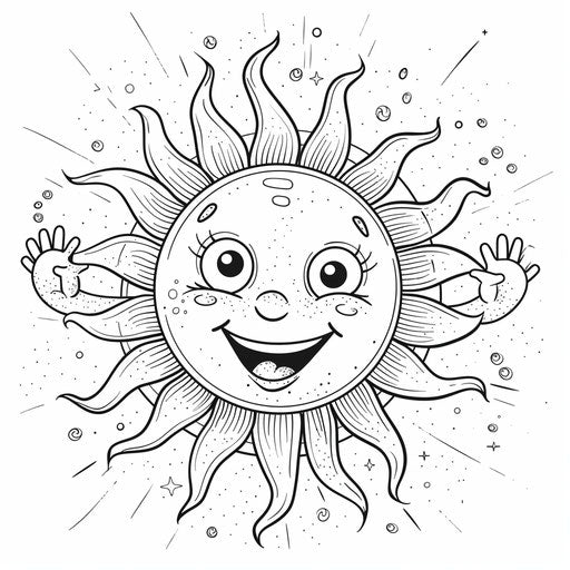 An adorable cartoon sun with a happy face and waving hands. Coloring book page