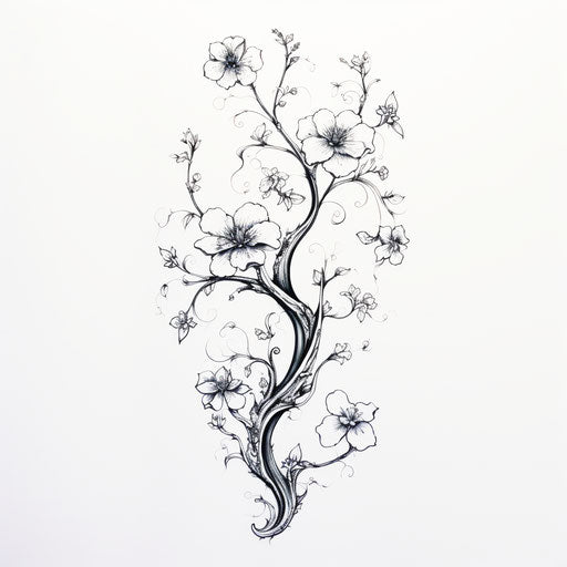 Tree trunk, leaf, and flowers on white background