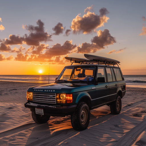 Vintage car with surfboards on beach at sunset