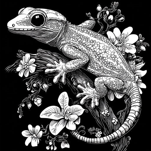 Dramatic gecko with powerful shadows, coloring book page