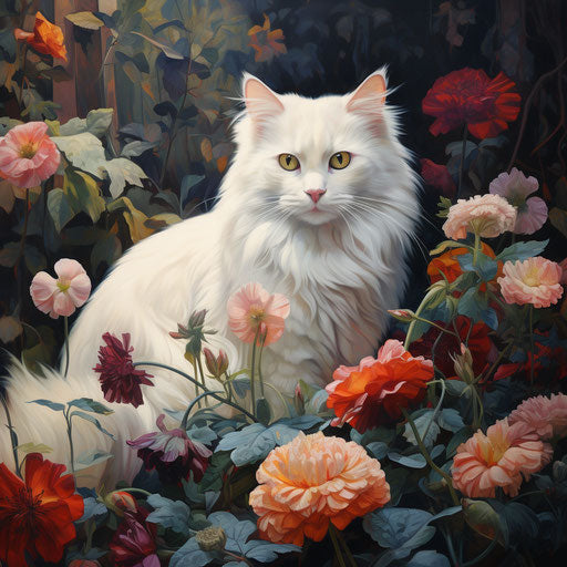 White cat in a flower bed with beautiful flowers