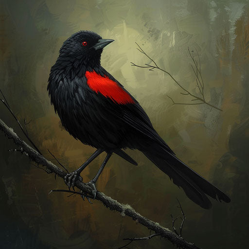 Black bird with red wings perched on branch