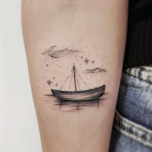 Smooth and subtle flat tattoo sketch of a boat drifting on calm, starlit waters