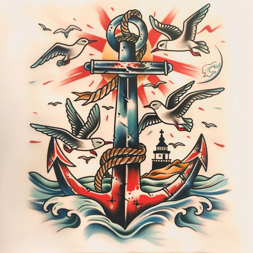 Traditional sailor tattoo with anchor, lighthouse, and seagulls