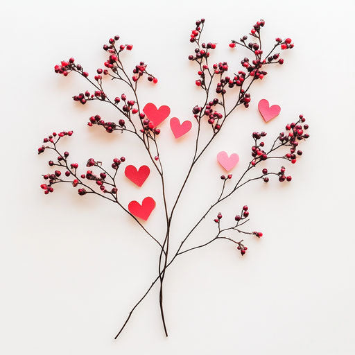 35 pink and red heart-shaped floral stems with berries on white background