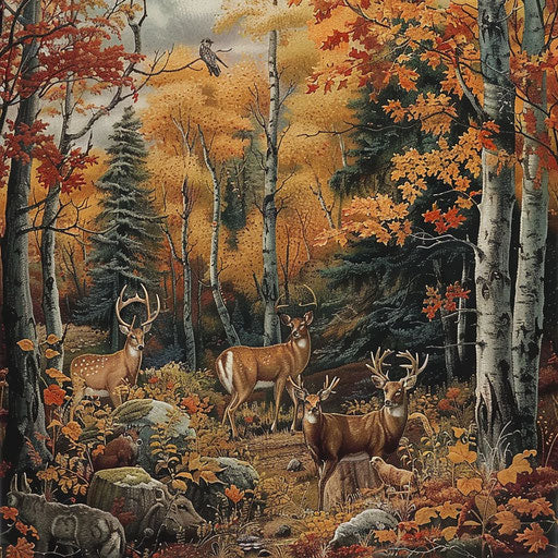 Animals in an autumn forest with changing leaves