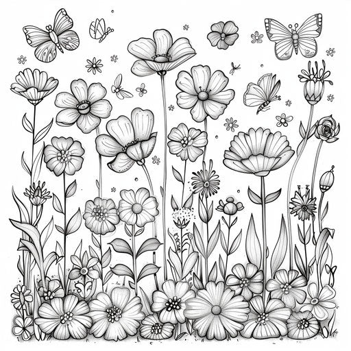 Whimsical garden scene with flowers and butterflies. Coloring book page