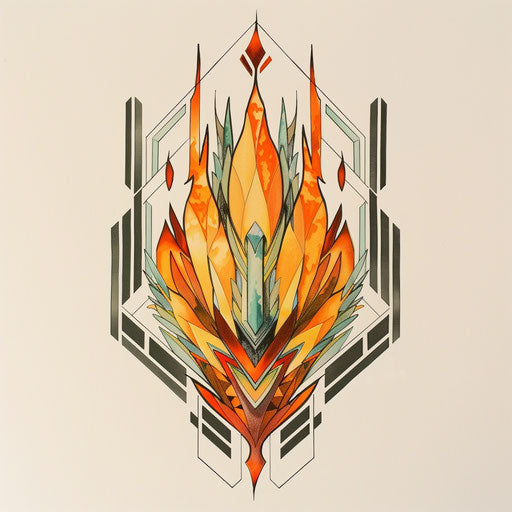 Flame tattoo with art deco elements on white canvas