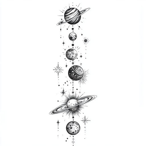 Flat tattoo sketch for lower leg with cosmic elements