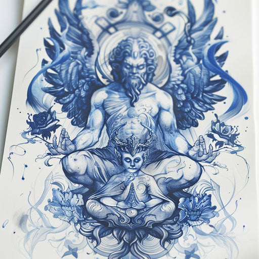 Serene flat tattoo sketch of an angel and devil meditating