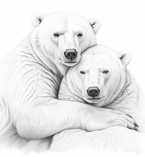 Two polar bears hugging and lying down, line drawing style, uhd image, bold 27:29
