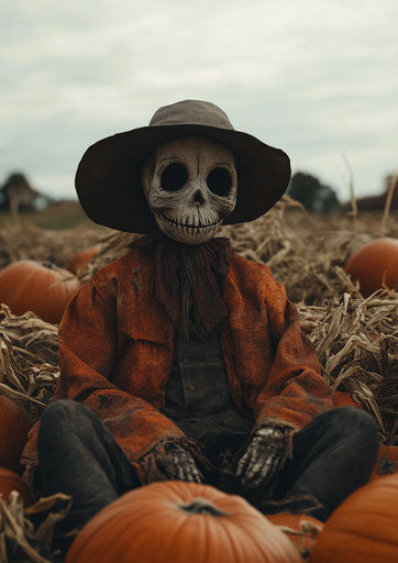 Scarecrow in pumpkin patch, skull face, hyper-realistic photo style