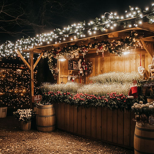 Festive market stall selling handcrafted mistletoe bouquets, surrounded by twinkling Christmas lights.