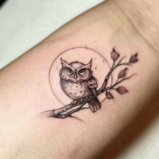 Cute and spooky owl on a branch with full moon - Halloween tattoo