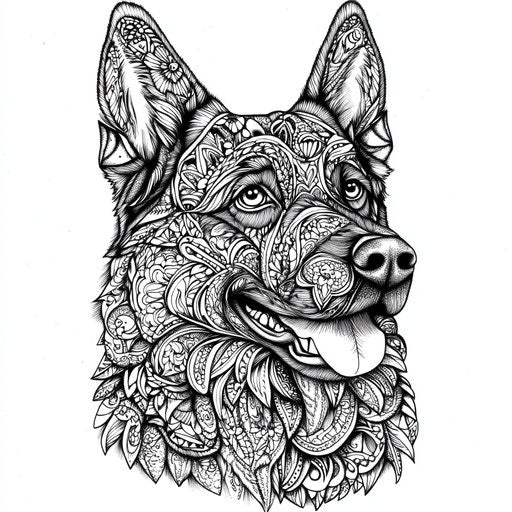 Intricate German Shepherd, coloring book page