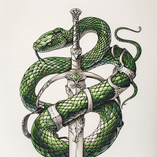 Sketch of snake coiled around sword, green and silver patterns