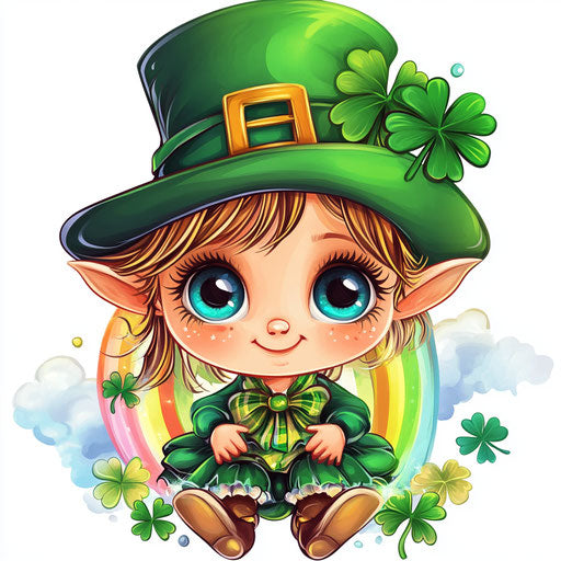 St. Patrick's Day baby, cute chibi-style clipart with rainbow and clovers