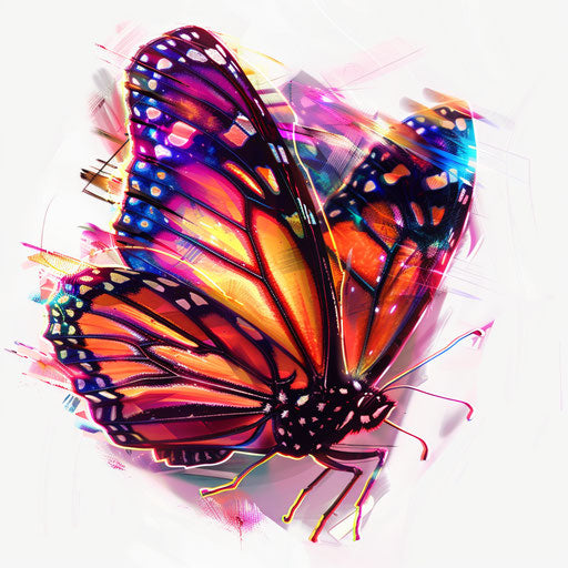 Monarch butterfly futuristic tattoo, neon colors on white canvas
