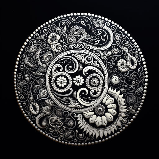 Yin Yang Symbol on Black Background in Meticulous Light Gray and Light Black Ink Style, Samikshavad, Expansive, Made of All of the Above