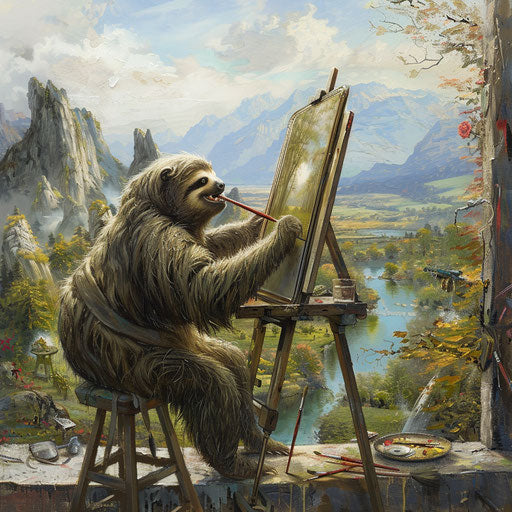 A sloth painting a masterpiece in a studio