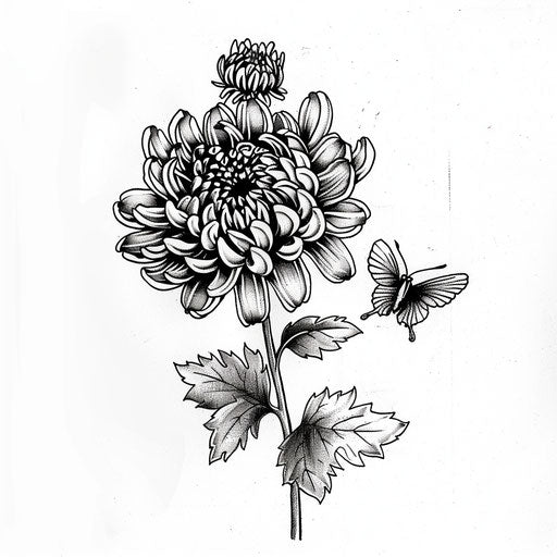 Illustrated tattoo sketch of a chrysanthemum with butterflies, November birth flower, delicately rendered on a white background.